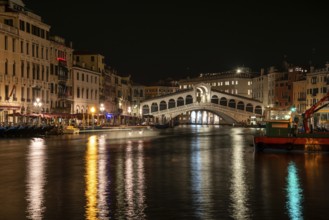 Rialto Bridge from Canal Grande at Night, Venice, Italy, Europe