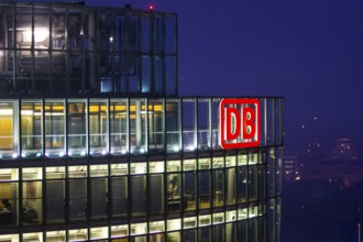 Berlin, Germany, February 2013: Deutsche Bahn, DB, office illuminated at night, Europe