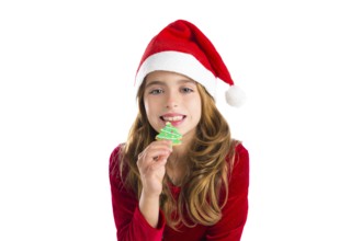 Christmas kid girl Xmas tree cookie isolated on white background