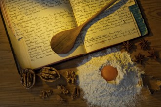An old, handwritten cookery book with recipes. Old cookery recipes. Austria