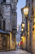 Small alley in the famous Gothic Quarter in Barcelona at dawn