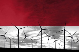 Indonesia flag wind farm at sunset, sustainable development, renewable energy Wind Turbines