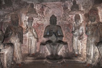 Sculpture, Buddhist Caves, Pandav Leni, Nashik, Maharashtra, India, Asia