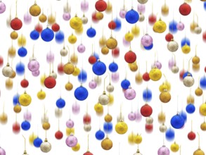 Falling New Year Multicolored Toys Against White Background