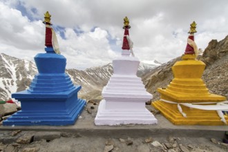 Three stupas in the high mountains of Ladakh, India, Asia