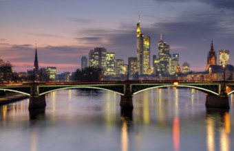 Frankfurt skyline at dusk with Ignatz Bubis bridge, Frankfurt - HDR version - Hesse, Germany