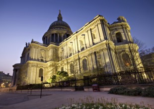 Illuminated St Paul's Cathedral at sunset wide angle version, City of London, England London,