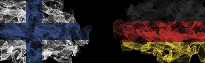 Flags of Finland and Germany on Black background, Finland vs Germany Smoke Flags