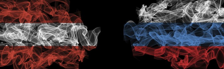 Flags of Austria and Russia on Black background, Austria vs Russia Smoke Flags