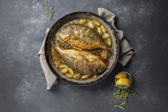 Food, Food, Baked sea bream or dorada with onion and herbs in pan on dark background