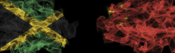 Flags of Jamaica and China on Black background, Jamaica vs China Smoke Flags