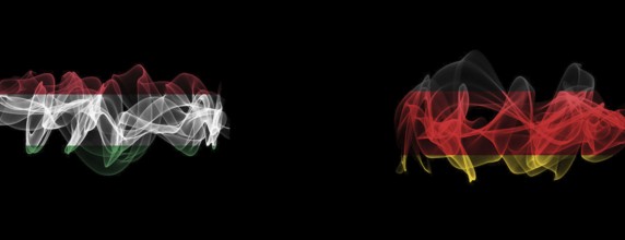 Flags of Hungary and Germany on Black background, Hungary vs Germany Smoke Flags