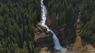 Aerial view of Krimml Waterfalls on sunny day. High Tauern National Park, Austrian Alps, Austria,