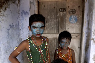 Children dress as Hindu Gods near Mutharamman temple, Tamil Nadu, India, Asia