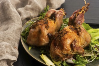 Baked tasty quails on ceramics plate with salad