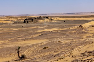 Expansive desert landscape with scattered ruins and a wide horizon under a clear sky, ruins in the
