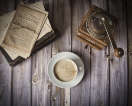 Coffee, books and an old coffee grinder
