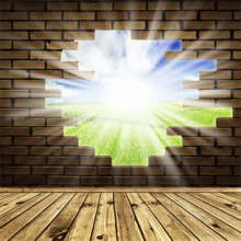 Summer scenery through the hole in the brick wall of room with wooden floor