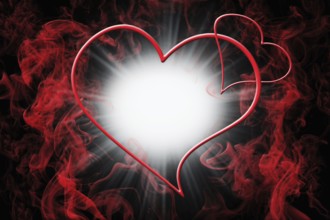 Hearts and Red Smoke With Light Burst. Valentine's Day Love Concept Background 3D Illustration