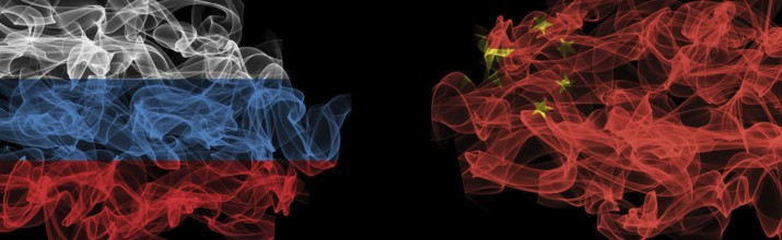 Flags of Russia and China on Black background, Russia vs China Smoke Flags