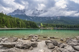 Zugspitze Peak top of Germany Alps mountain range and Eibsee Lake, Garmisch Partenkirchen Germany