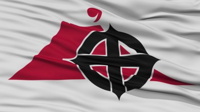 Closeup of Kagoshima Flag, Capital of Japan Prefecture, Waving in the Wind, High Resolution