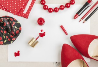 Still life of fashion woman. Feminine cosmetic background. Overhead of essentials fashion woman