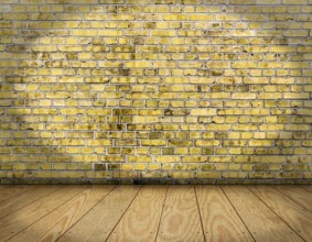 Room interior vintage with yellow brick wall and wood floor background