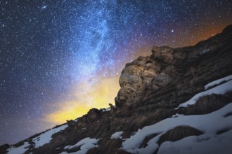 Night scenery done on long exposure. A beautiful Caucasian landscape of red rocks against the