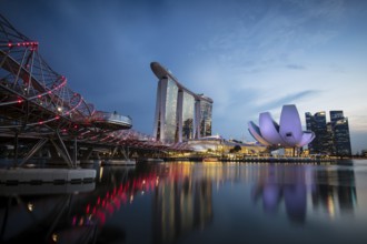 Marina Bay Sand area and Helix Bridge at dusk on a clear day on November 24th 2019