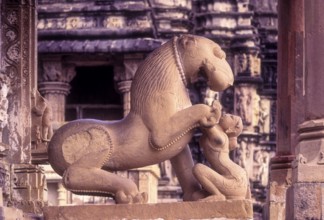 Sculptures of a mythical lion and woman at the Kandariya Mahadeva in Khajuraho, Madhya Pradesh,