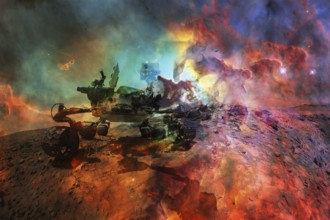 Curiosity rover exploring the surface of Mars. Science fiction wallpaper. Elements of this image