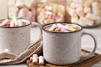 Hot chocolate with marshmallow in a cup on wooden background