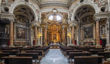 TURIN, ITALY - CIRCA MAY 2021: Antique baroque interior with vintage decoration. Royal Church of