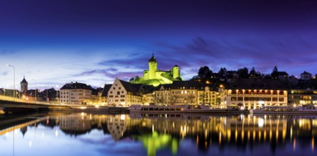A horizontal river view and panorama cityscape of Schaffhausen with the Rhine River and Munot at