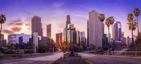 the skyline of los angeles during sunrise