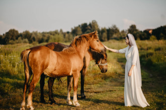 A woman in a white dress gently touches one of two horses on a grass field