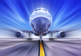 airplane on a runway while take off