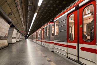 Prague, Czech Republic, March 19, 2017: A train arriving at the Museum metro station, Europe
