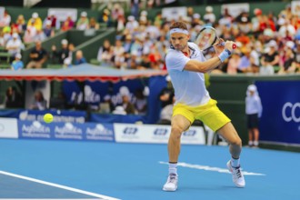 MELBOURNE, AUSTRALIA, JANUARY 16, 2020: Grigor Dimitrov (BUL) hits a backhand to Nick Kyrgios (AUS)