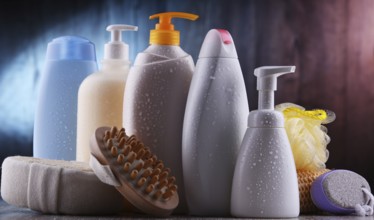 Plastic contaiers of shampoos and shower gels