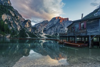 Panoramic view of the Braies Lake in the Dolomites in Italy