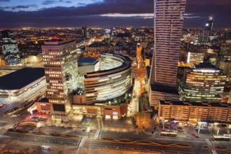 Cityscape of Warsaw by night, capital of Poland, downtown city centre