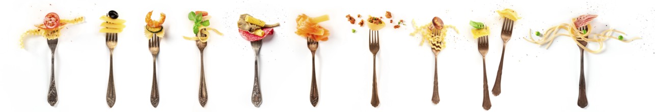 Italian food collage. Pasta design elements. Many forks with pasta and various addings, shot from