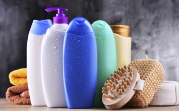 Plastic bottles of body care and beauty products
