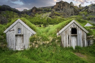 Núpsstaðakirkja Church with roof covered with grass. Iceland