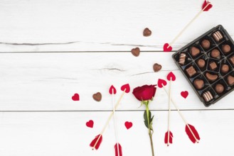 Decorative feathers wands with little hearts near flower sweets