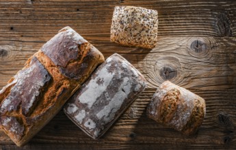 Composition with assorted bakery products on wooden table