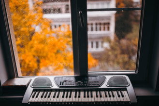 Electronic synthesizer A serene urban view through a window with a keyboard and autumn leaves