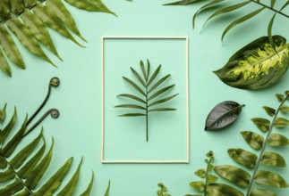 Top view arrangement green leaves with empty frame